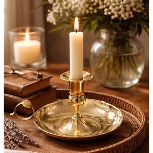 Vintage Large Vintage Brass Chamberstick Candle Holder Finger Loop Home Decor